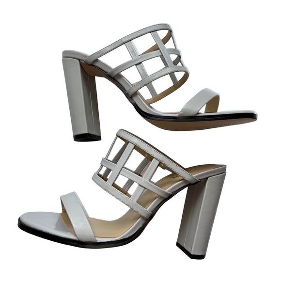 Mode Collective Lily White Grey Nappa Leather Caged Block Heeled Slip On Sandals - Picture 14 of 14